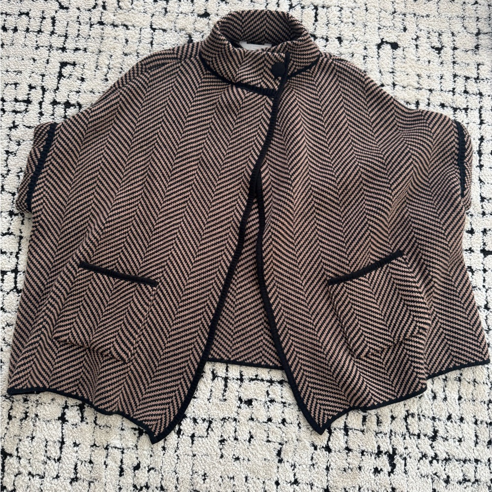 Women's Brown Chevron Knit Cape Sweater with Black Trim